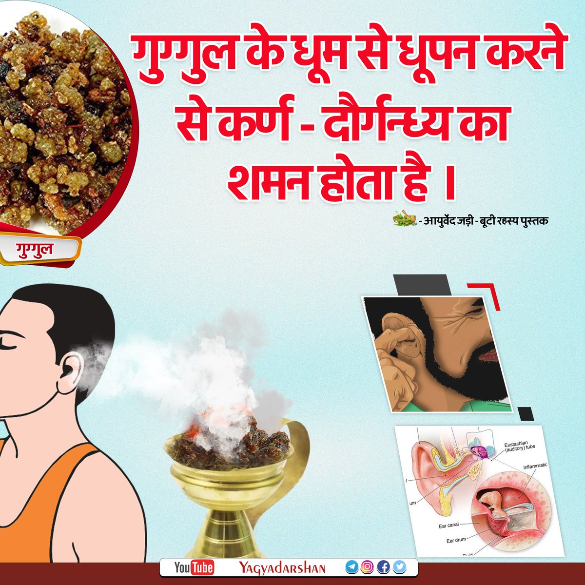 गुग्गुल के धूम से धूपन करने से कर्ण - दौर्गन्ध्य का शमन होता है |
                                                           आयुर्वेद जड़ी बूटी रहस्य पुस्तक 

#guggul #eardiseases #dhupan