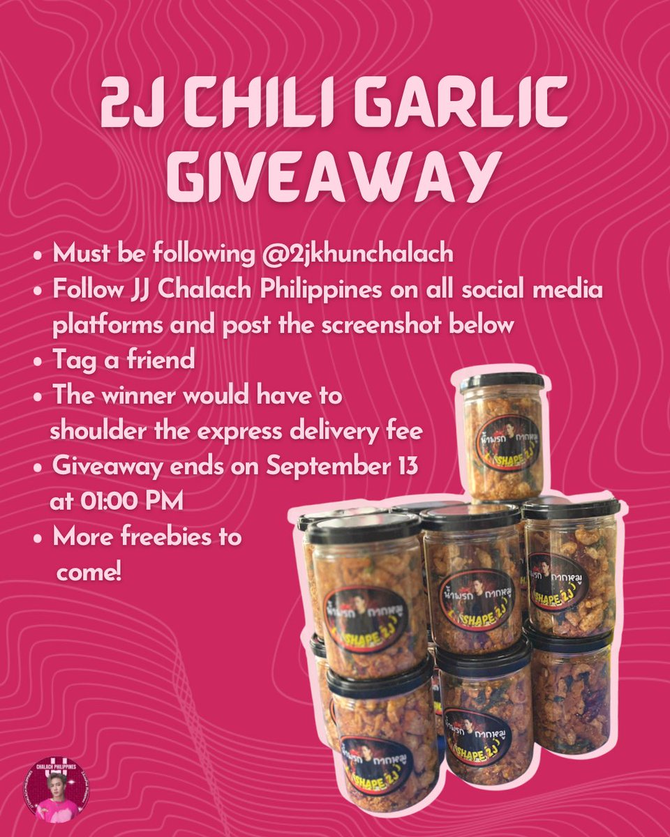 Filo 2j Lion Pink, look here! JJ Chalach Philippines will be doing a 2j Chili Garlic Giveaway 💗

Mechanics below 👇 

*Winners must be able to shoulder the delivery fee
*Giveaway closes tomorrow, 1pm; delivery starts on Friday

Join now 🦁
#2jkhunchalach #2jLionPink