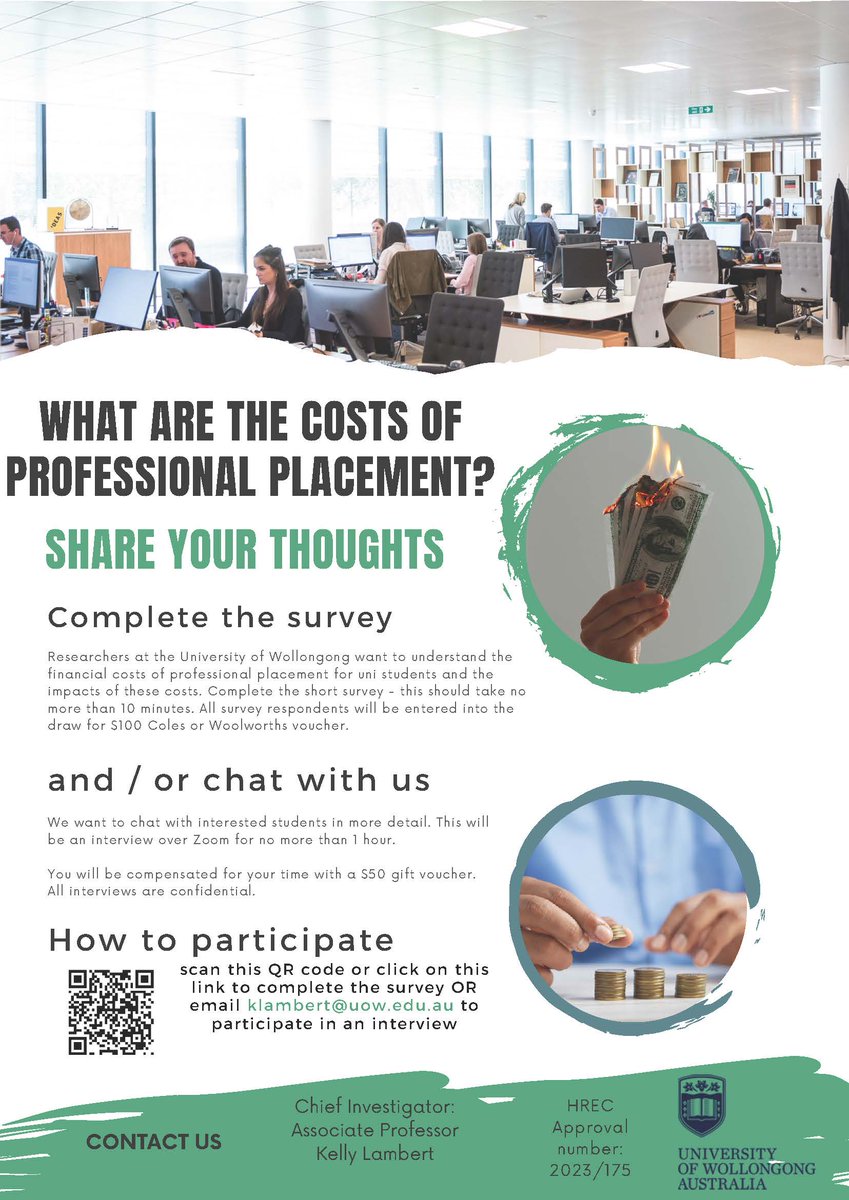 Katherine Kent (@drkatherinekent) on Twitter photo Research led by <a href="/drkellylambert/">Kelly Lambert</a> <a href="/UOWNutrDiet/">UOW Nutr & Dietetics</a> asks "What are the costs of professional placement" for university students
Current students from all degrees at all Australian unis are encouraged to do a survey or interview.
Spread the word so we can help advocate for students Research led by <a href="/drkellylambert/">Kelly Lambert</a> <a href="/UOWNutrDiet/">UOW Nutr & Dietetics</a> asks "What are the costs of professional placement" for university students
Current students from all degrees at all Australian unis are encouraged to do a survey or interview.
Spread the word so we can help advocate for students
