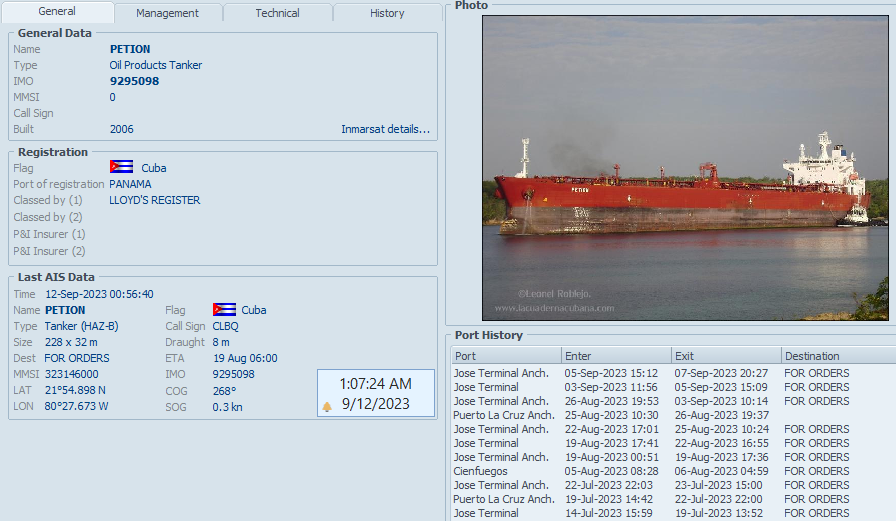 FlconEYES's tweet photo. #PETION 9295098
Tanquero cubano, sancionado de la #OFAC   
Viaje #22 desde Sept2020  

#Combustible SAQUEADO a 🇻🇪#VZ para #CUPET, #CUBAMETALES y #GAESA.

#JoseTerminal-#Cienfuegos

Cala: 8/14m
Cap: 524,217 bbl 
#OOTT #Oilandgas #crude #Oil 
#Now #AIS #cubarcos #Cuba #12Sept https://t.co/CODa6X6Pnk