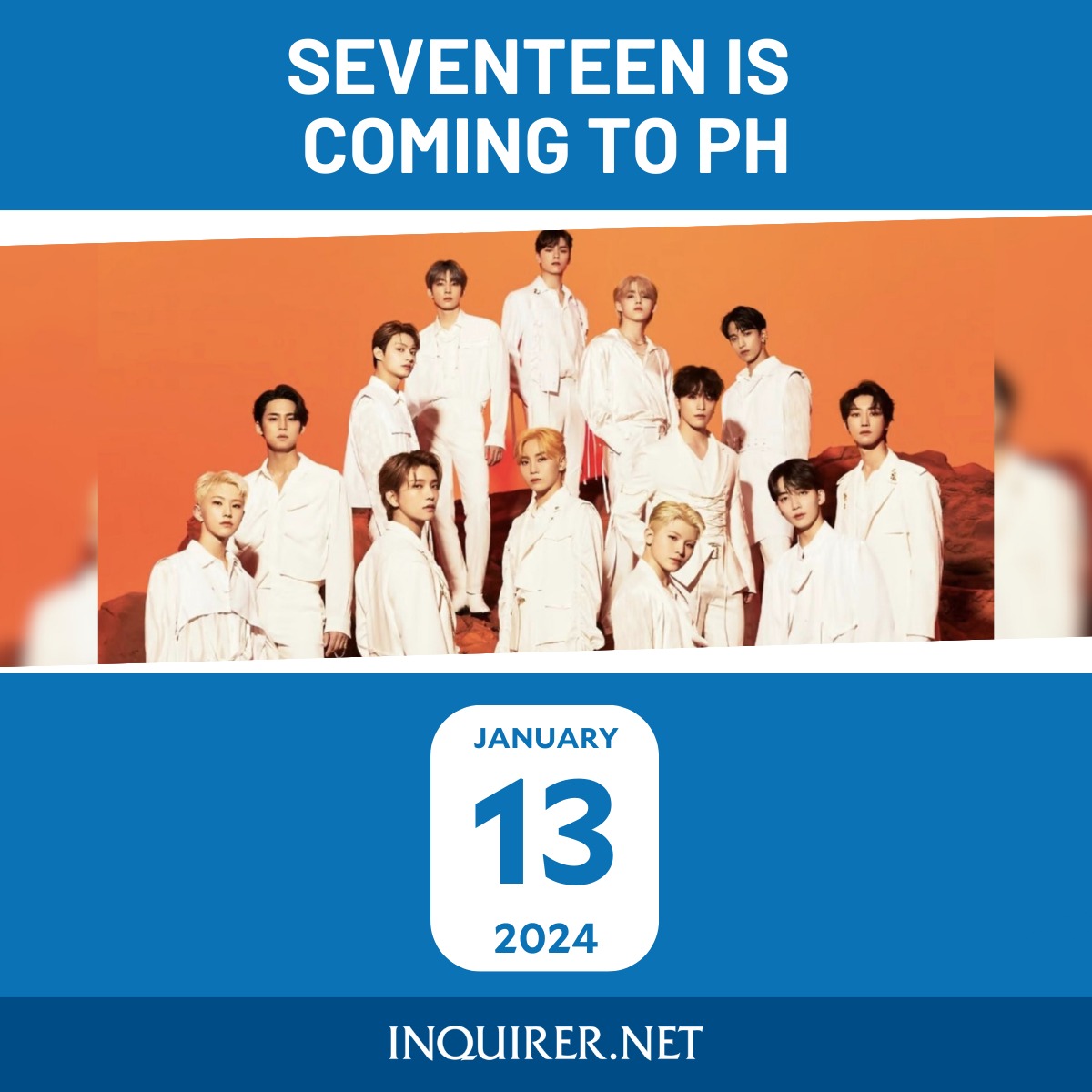 inquirerdotnet's tweet photo. CARATS, ARE YOU READY? 💎

JUST IN: South Korean supergroup #SEVENTEEN will be coming to the Philippines for their 'FOLLOW' tour on Jan. 13, 2024. | 📸: Seventeen/Instagram https://t.co/APkU6fz7Xq