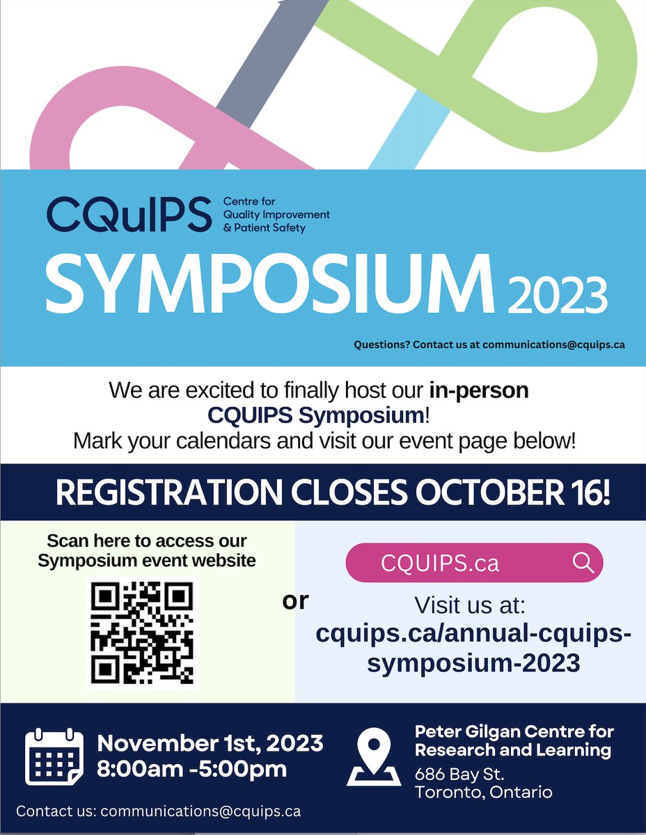 The 2023 @CQuIPS Annual QI and Patient Safety Symposium provides a forum for knowledge exchange, networking and inspiration. Join us in-person in Toronto on November 1, 2023 -- registration closes Oct 16, 2023. web.cvent.com/event/33ebf34c…