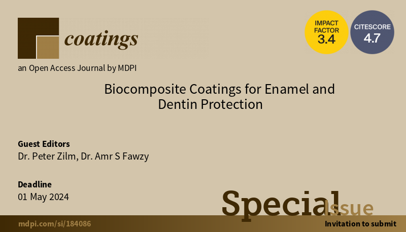 Adelaide Dental School Research🦷📚📝👨🏽🎓 (@researchads) on Twitter photo Exciting news!!
<a href="/PeterZilm/">Peter Zilm</a> is hosting a special issue as a guest editor, Biocomposite Coatings for Enamel and Dentin Protection
Click on the link 👇👇👇 for more info
mdpi.com/si/184086 #mdpicoatings via <a href="/Coatings_MDPI/">Coatings MDPI</a>
Submission deadline 01/05/2024 Exciting news!!
<a href="/PeterZilm/">Peter Zilm</a> is hosting a special issue as a guest editor, Biocomposite Coatings for Enamel and Dentin Protection
Click on the link 👇👇👇 for more info
mdpi.com/si/184086 #mdpicoatings via <a href="/Coatings_MDPI/">Coatings MDPI</a>
Submission deadline 01/05/2024
