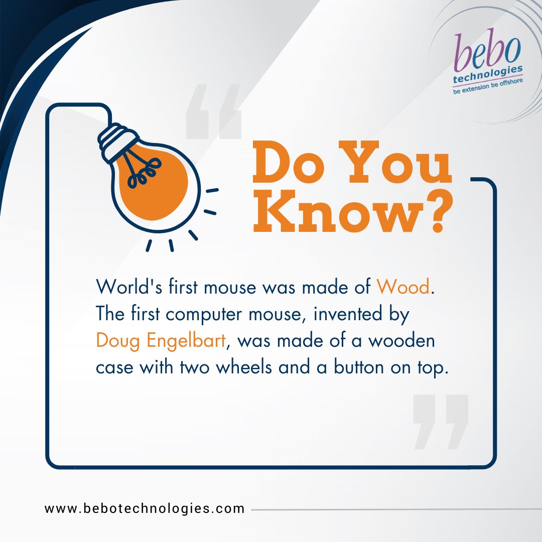 Did you know? The world's first mouse was crafted from wood. Invented by Doug Engelbart, it had two wheels and a button on top. Follow us to delve into more intriguing tech history.

#doyouknow #techhistory #mouseinvention #woodenmouse #bebotechnologies