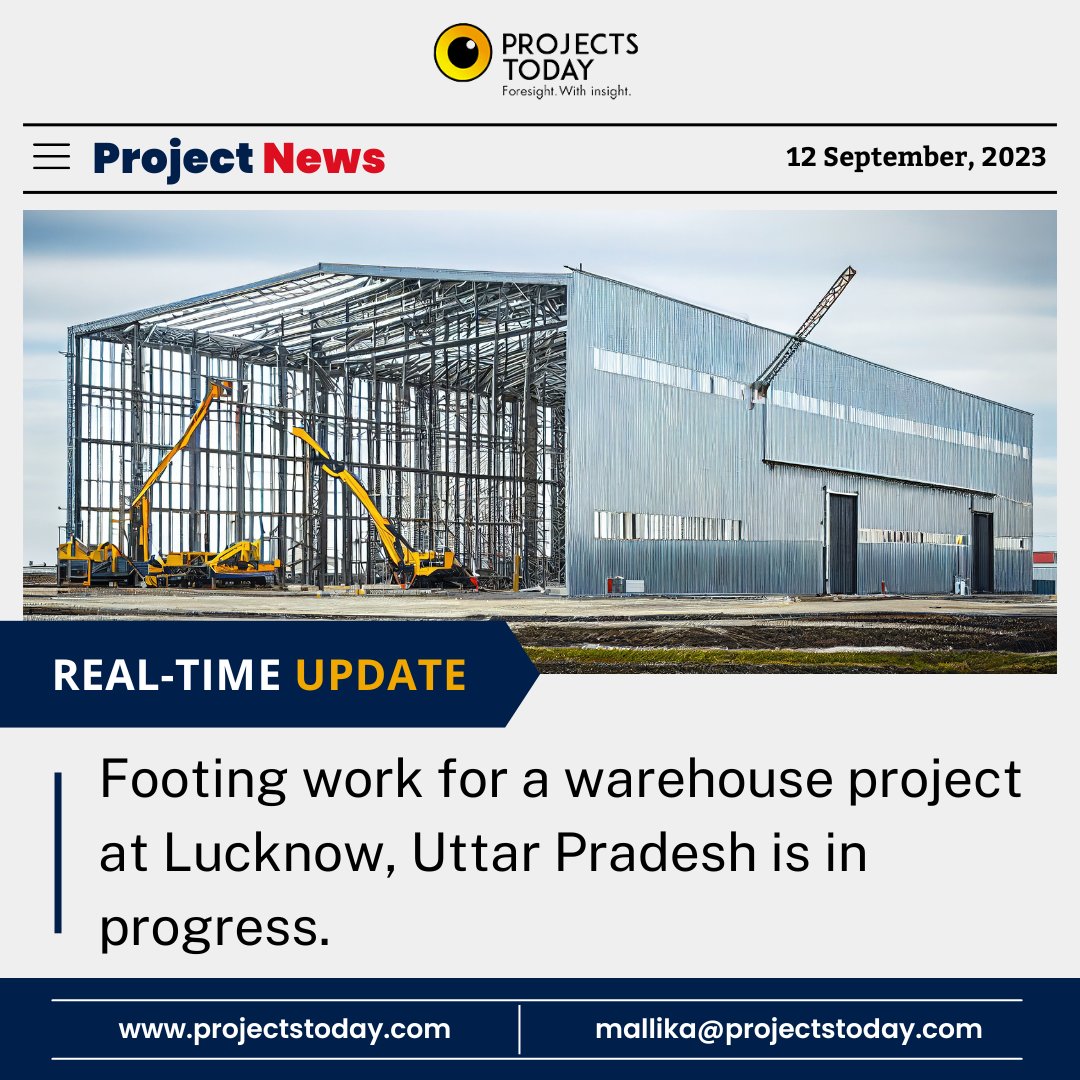 projects_today's tweet image. Real-Time Update: Footing work for a #warehouseproject at Lucknow, #UttarPradesh is in progress

For more details:
Email us at: mallika@projectstoday.com
Contact us on +91 7304553123

#logistics #Lucknow #contractors #concrete #Projects #Project #projectstoday #UPDATE #EXCLUSIVE