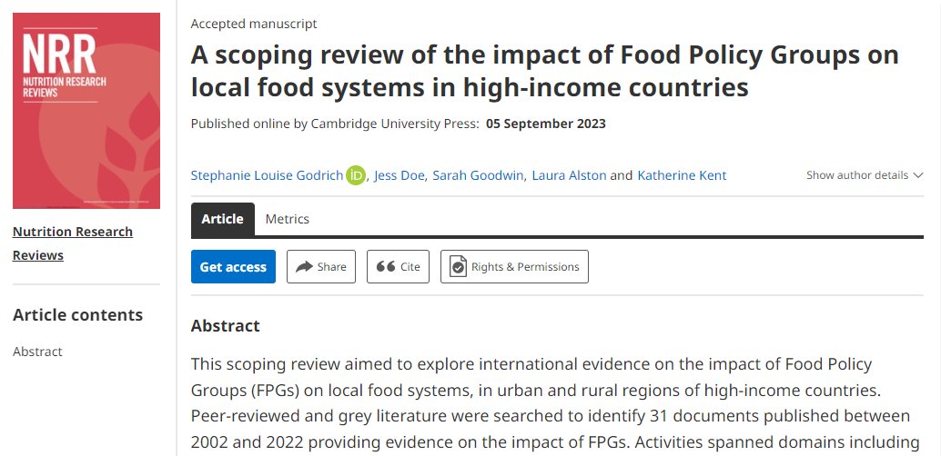 Katherine Kent (@drkatherinekent) on Twitter photo We dug into research on Food Policy Groups (FPGs) & how they shape local food systems🌱🌎
FPG actions⬆️food equity & access +⬆️food system resilience & sustainability
More research & partnerships could⬆️impact!🤝
🚨With <a href="/Steph_Godrich/">Dr Stephanie Godrich</a> <a href="/LauraVAlston/">Dr Laura Alston</a>
bit.ly/44PKoDN We dug into research on Food Policy Groups (FPGs) & how they shape local food systems🌱🌎
FPG actions⬆️food equity & access +⬆️food system resilience & sustainability
More research & partnerships could⬆️impact!🤝
🚨With <a href="/Steph_Godrich/">Dr Stephanie Godrich</a> <a href="/LauraVAlston/">Dr Laura Alston</a>
bit.ly/44PKoDN