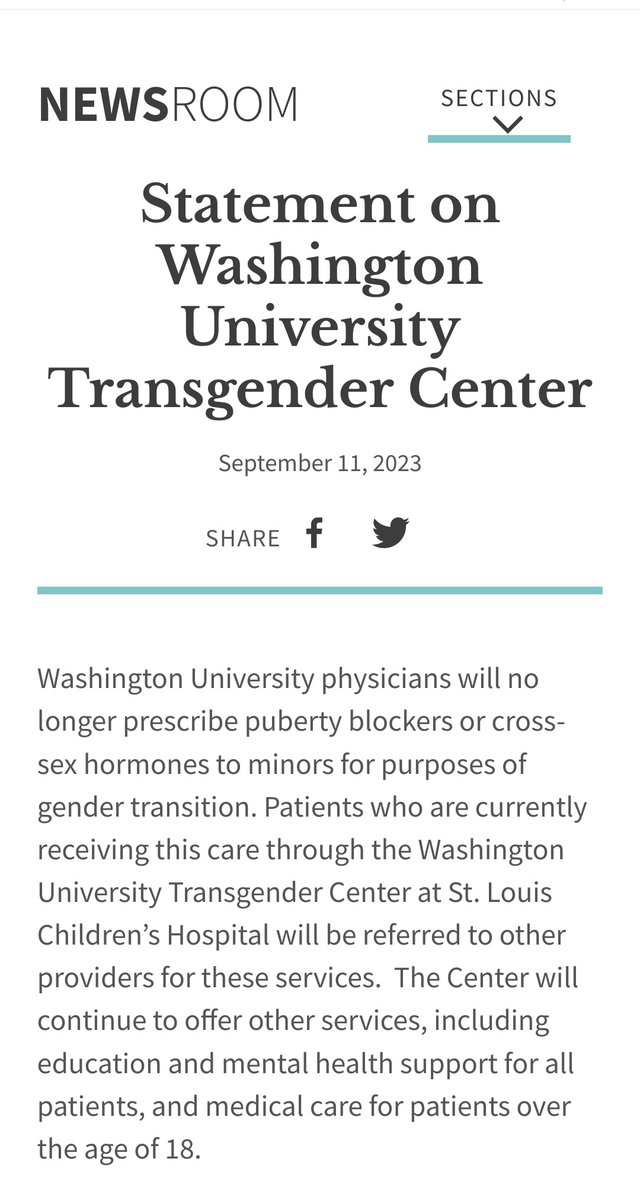 WomenReadWomen's tweet photo. The Washington University Transgender Center at St. Louis Children’s Hospital will no longer “prescribe puberty blockers or cross-sex hormones to minors for purposes of gender transition.”
In a statement issued by Washington University, legal liability is cited as the reason for the decision.
“Missouri’s newly enacted law regarding transgender care has created a new legal claim for patients who received these medications as minors. This legal claim creates unsustainable liability for health-care professionals and makes it untenable for us to continue to provide comprehensive transgender care for minor patients without subjecting the university and our providers to an unacceptable level of liability.”
https://t.co/bnSAyjlV4z