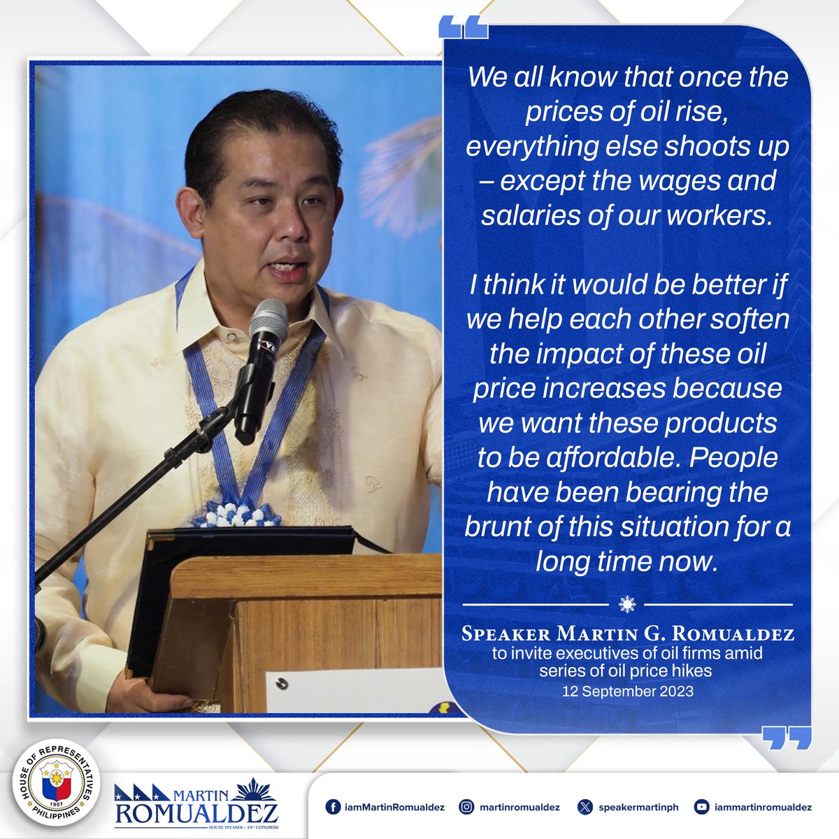 SpeakerMartinPH's tweet photo. Read full story:
https://t.co/UDWdMzq6JT
#OilPH #SpeakerMartin #MartinRomualdez #19thCongress #SolusyonAtMalasakit #LiderNgKongreso https://t.co/IxPscuPQtX