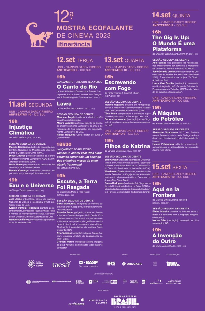 Mostra de cinema socioambiental na UnB, de 11 a 15/09/2023, duas vezes ao dia (16h00 e 19h00). Todos bem-vindos! 

ecofalante.org.br/blog/brasilia-…

<a href="/MostraEco/">Mostra Ecofalante</a>  Apoio: CDS/UnB
