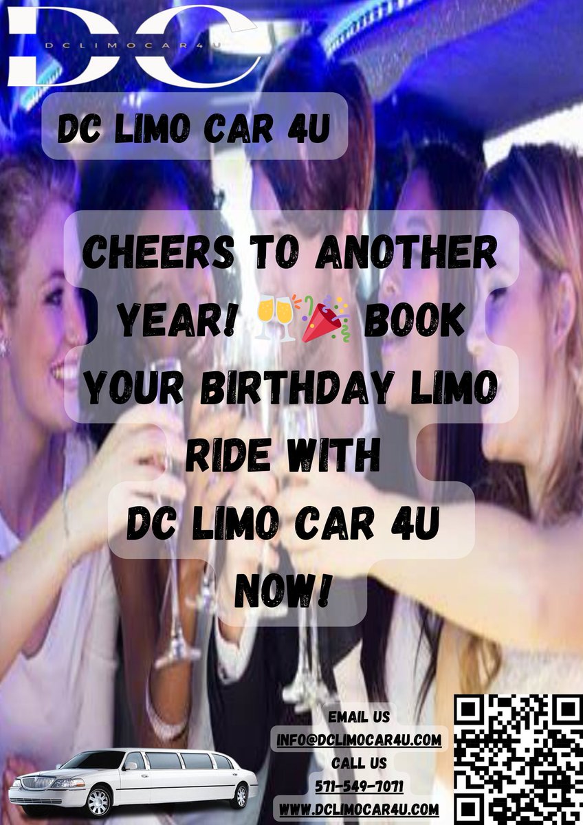 Cheers to Another Year! 🥂🎉 Book Your Birthday Limo Ride with DC Limo Car 4U Now!
 DC Limo Car 4U has the perfect ride to make your celebration unforgettable. Contact us today to reserve your birthday limo. #BirthdayToast #DCCelebration #LimoParty #dclimocar4u