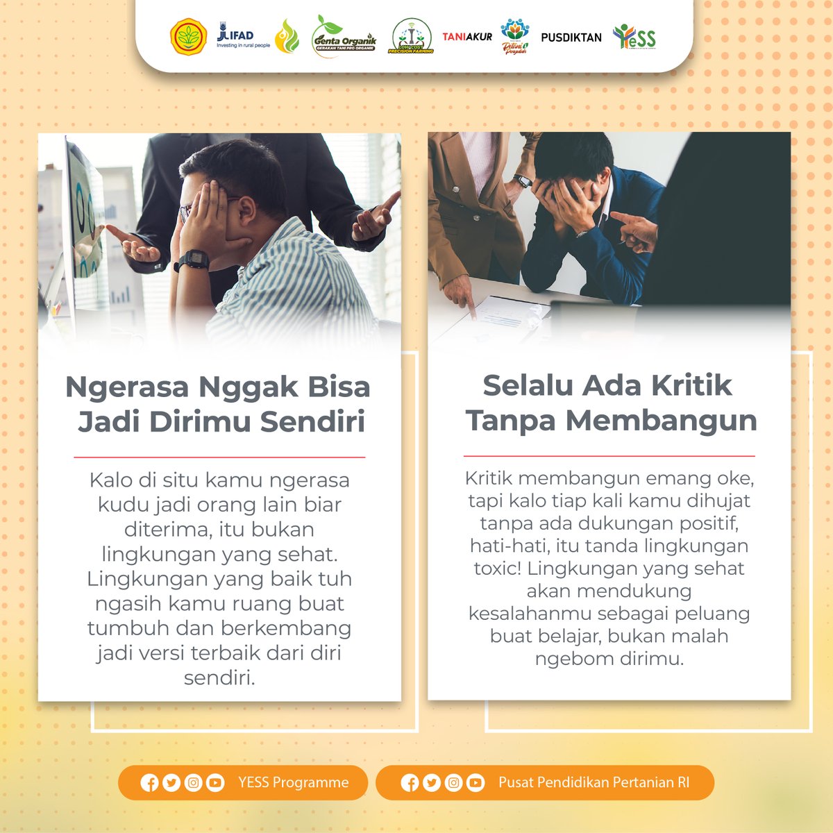 yessprogramme's tweet photo. Kesehatan mental dan kebahagiaanmu itu penting, jadi gak ada salahnya buat pilih lingkungan yang bener-bener positif buat kamu!
#yessprogramme #bppsdmp #pusdiktan #kementan #ifad #bromo #PositiveVibes #circle https://t.co/S30V2CWY6P