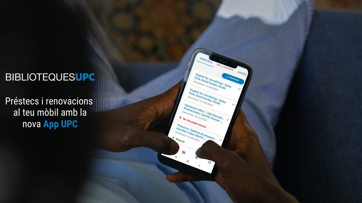 L'opció "La teva biblioteca" del menú principal de la nova App UPC et permet accedir al teu compte de la biblioteca des del que pots consultar quins documents tens en préstec, les dates de retorn, i fer renovacions. 

bibliotecnica.upc.edu/estudiants/app… 

#AppUPC #BibliotequesUPC