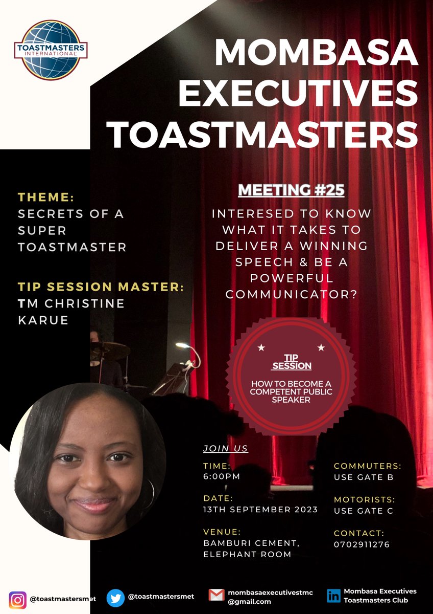 Happening tomorrow 🥳

📌 Join us for an exciting meeting and tip session on the theme “Secrets of a Super Toastmaster.”

📍Bamburi Cement Mombasa.
(Physical meeting)

See you there! 🤗

#toastmasters #toastmastersmet #communication #publicspeaking #leadership #confidence