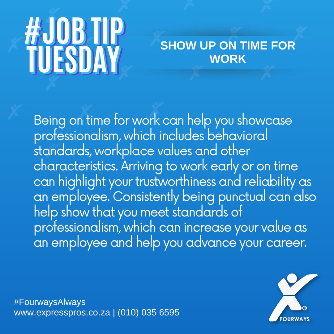 EFourways's tweet image. #JOBTIPTUESDAY

Show Up On Time for Work

#JobTip #jobseekers #jobsearch #recruitment #jobsearching #jobhunt #employment #jobopportunity #recruitmentagency #staffingagency #ExpressProsFourways #FourwaysAlways
#StaffingExperts #PuttingAMillionPeopleToWork