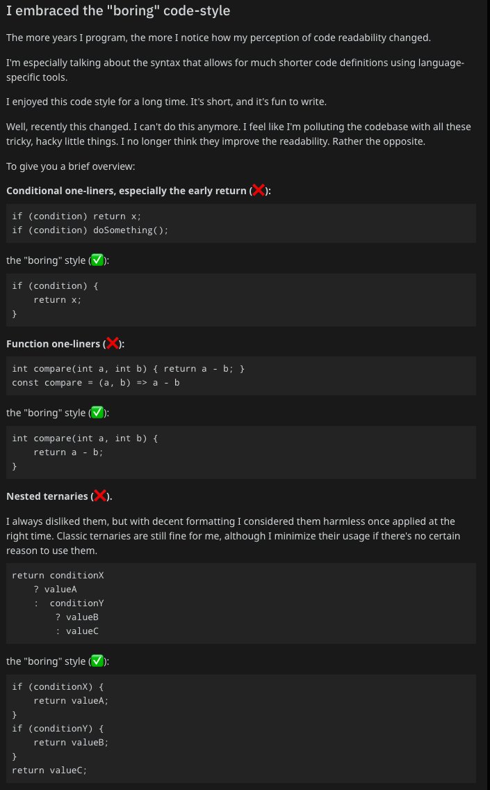 catalinmpit's tweet image. Same.
In the beginning, I was impressed by this type of "smart" code.
I also tried to write code like that because I thought it looked cool, and that's how "smart" people do it.
Nowadays, I prefer the more verbose code that's clear and easier to read & understand.
Mention:…