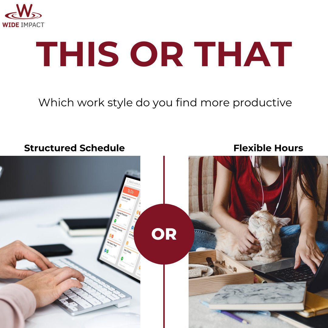 WideImpact's tweet image. Find out which work style brings out your highest productivity: structured schedule or flexible hours? No matter what works best for you, make sure you #PowerThrough and reach your goals! #wideimpact #Productivity #WorkStyle  #productivitytips  #flexiblehours