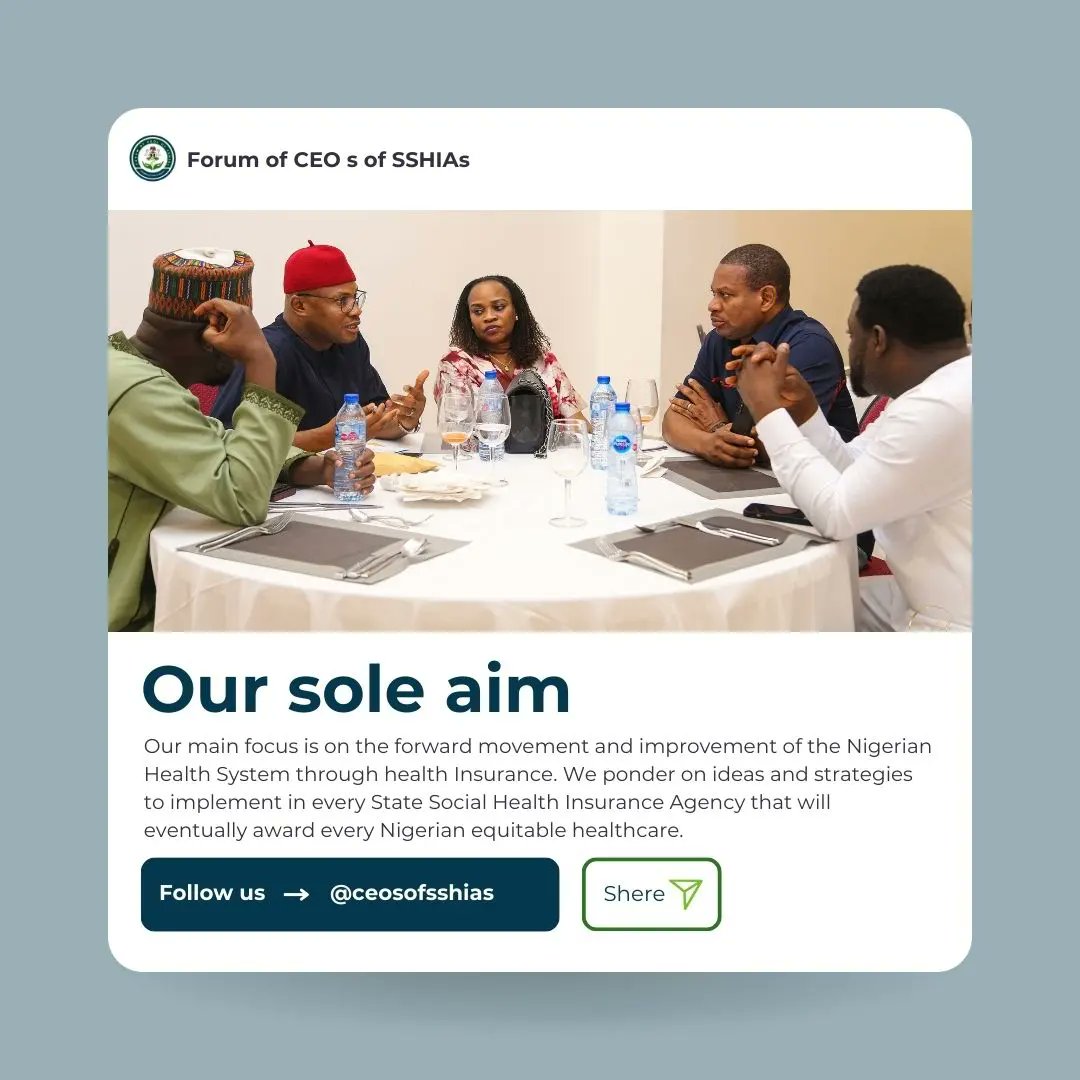 CEOsofSSHIAs's tweet image. We aim for the betterment of your health as a Nigerian citizen. As a group, our main focus is on improving the Nigerian Health system through state social health insurance.

#healthinsurancepolicy #healthinsurance #healthinsuranceforall #socialhealth #who #usaid #unicef
