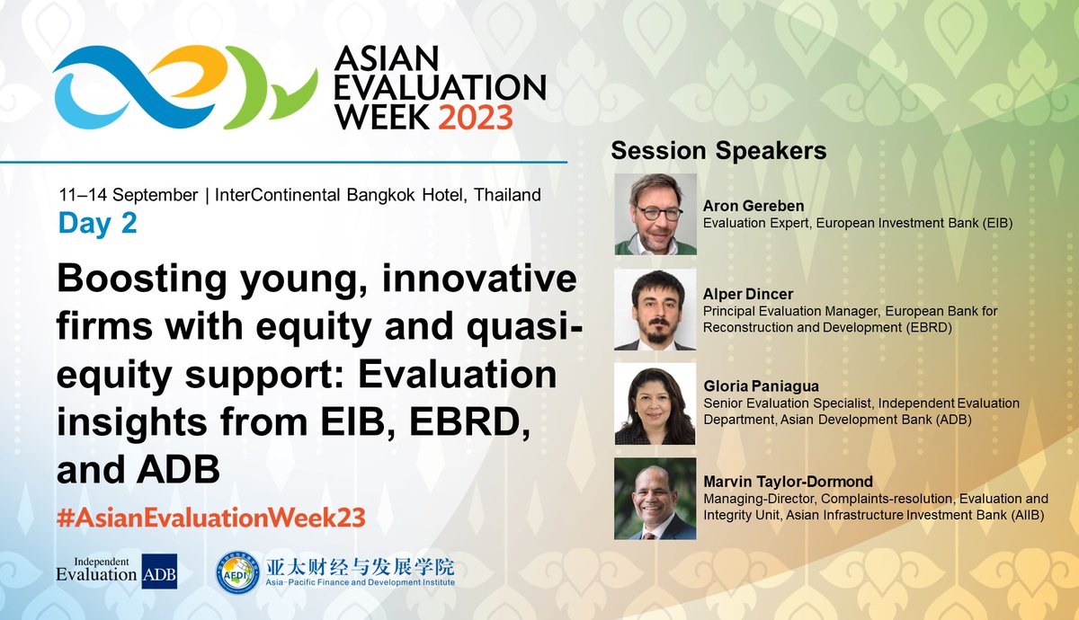 Coming up at #AsianEvaluationWeek23 Day 2, 12 Sept
Boosting young, innovative firms w/ equity support: #evaluation insights 
asianevaluationweek.adb.org/sessions/paral…
Going big, small, &amp; outside your comfort zone: pushing boundaries of #developmenteffectiveness evaluations
asianevaluationweek.adb.org/sessions/paral…