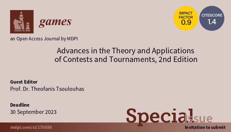 📢 Special Issue on 'Advances in the Theory and Applications of Contests and Tournaments, 2nd Edition'! Submit your cutting-edge papers and contribute to the game-theoretic revolution in economic theory. Learn more at: [mdpi.com/si/games/O92X3…] #contesttheory #economictrends