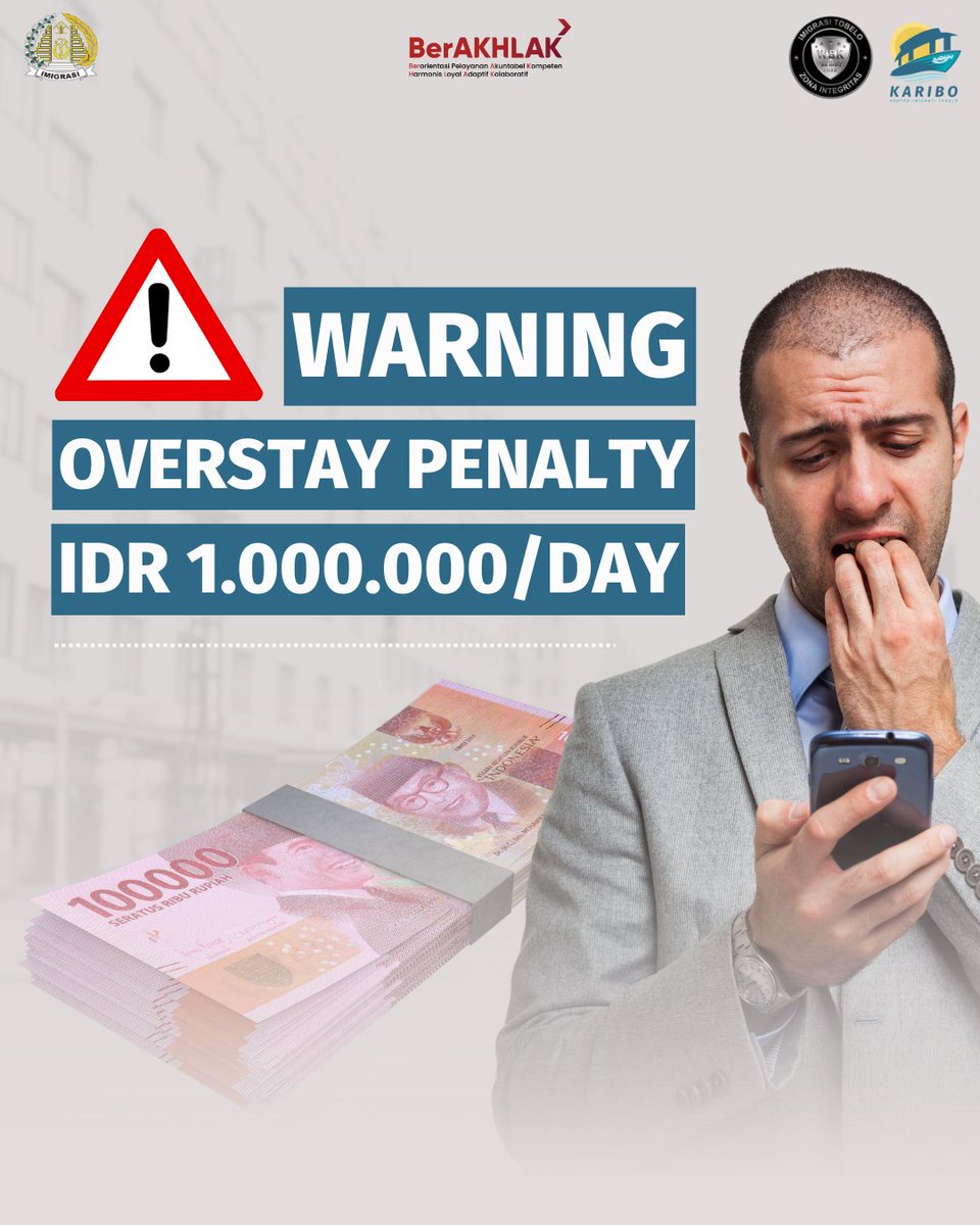 ImigrasiTobelo's tweet photo. Always keep an eye to your stay permit expire date, if you exceed the period of your stay in Indonesia (overstay) you may be subject to a fine of Rp1.000.000 a day or worst you can be deported
#imigrasi #staypermit #overstay #kemenkumhamri #kemenkumhammalut #malukuutara https://t.co/k5yeI6zmVX