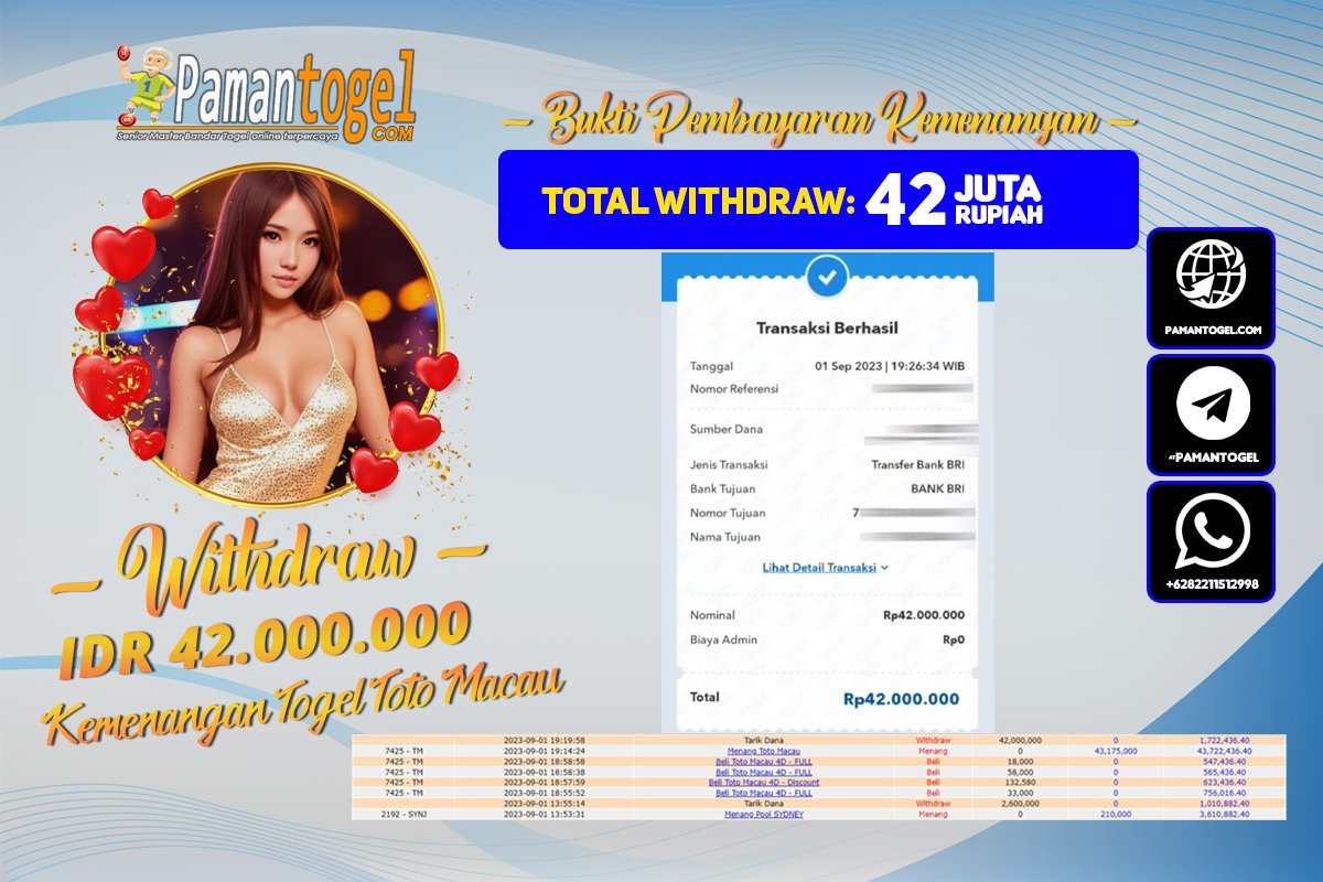 AngkaSurga's tweet photo. Bukti Pembayaran Kemenangan JP Pamantogel Pada Permainan – Toto Macau 4D Withdraw Total Nominal : Rp 42.000.000 https://t.co/DY2Md4CEfe