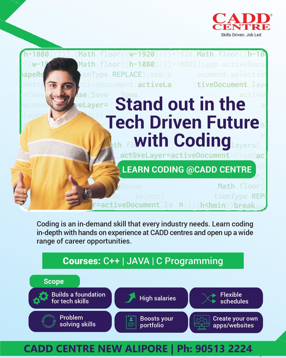 CaddNew's tweet image. Learn coding to make tomorrow SMART!
Walk into CADD Centre New Alipore to avail the attractive offer.
Call us at 090513 22244
#cadcenterkolkata #learncprograming #clanguage #javaprogramming #javascript #programming