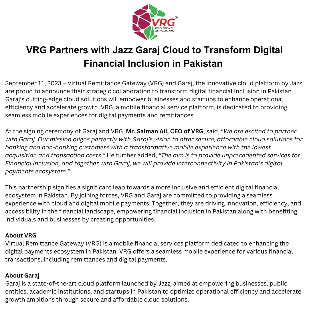 VRG Partners with Jazz Garaj Cloud to Transform Digital Financial Inclusion in Pakistan.
#VRG #GarajCloud #FinancialInclusion #Pakistan