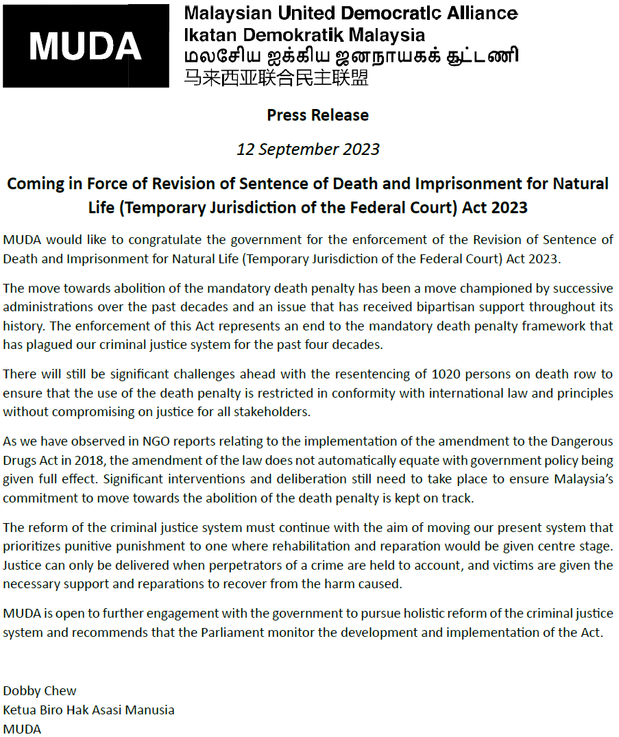 Dobby_Chew's tweet photo. MUDA would like to congratulate the government for the enforcement of the Revision of Sentence of Death and Imprisonment for Natural Life (Temporary Jurisdiction of the Federal Court) Act 2023. https://t.co/1I59PxzqIl