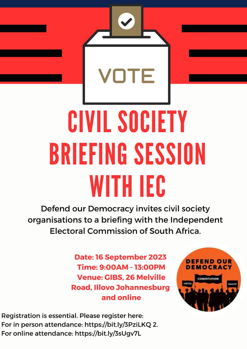 Organisations can register to attend a briefing session with @IECSouthAfrica on 16 Sept 2023 from 9am to 1pm at GIBS in JHB & online. IEC will be presenting on its state of readiness for the 2024 election. In person: bit.ly/3PziLKQ Online: bit.ly/3sUgv7L