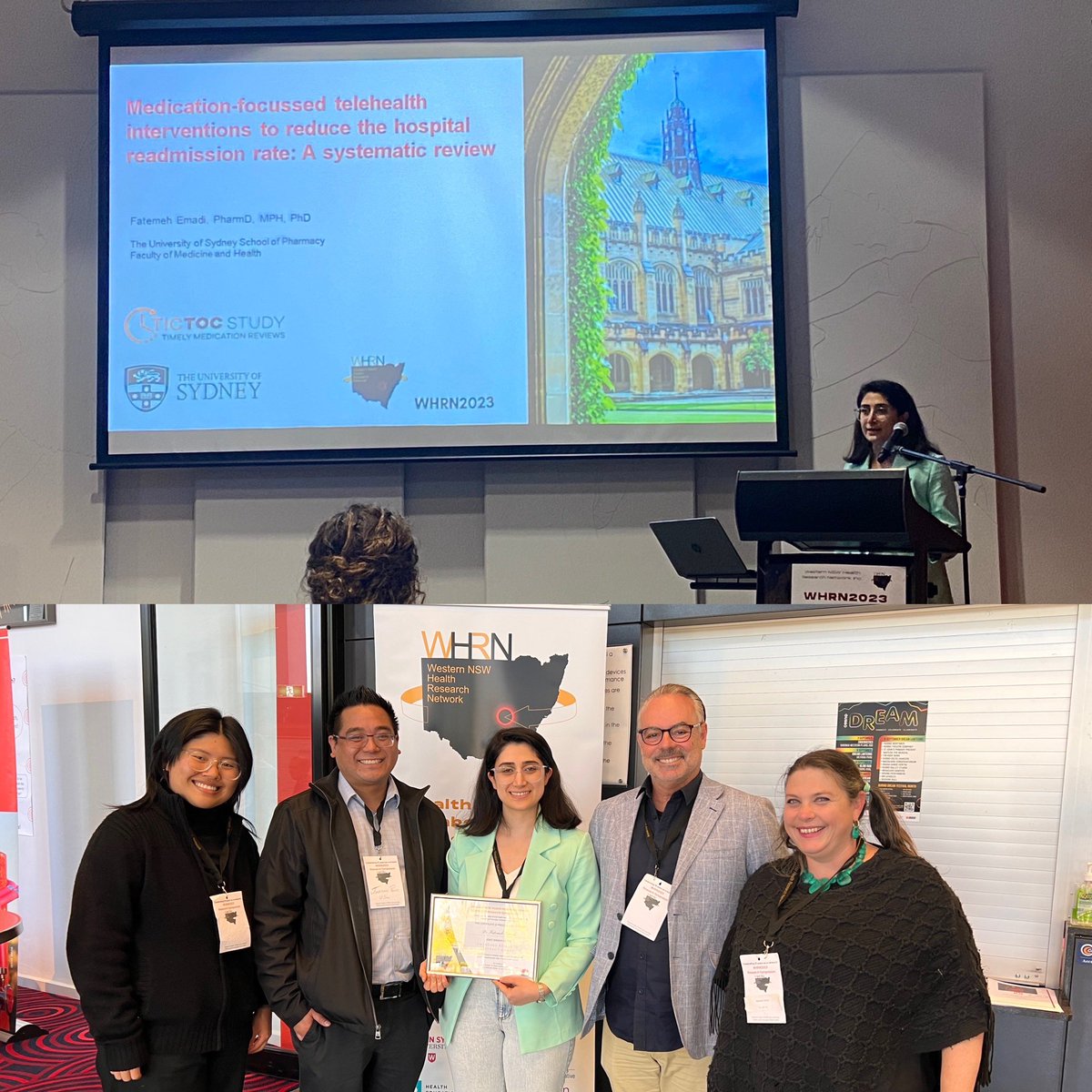 JonPenm's tweet photo. Congratulations Fatemeh Emadi for winning #EmergingResearcher Award @WesternNSWHRN for your research on reducing #medicationrelated #readmissions @Sydney_Uni @stephencarter07 @bekidoll #TICTOCstudy https://t.co/xM158Ju25n