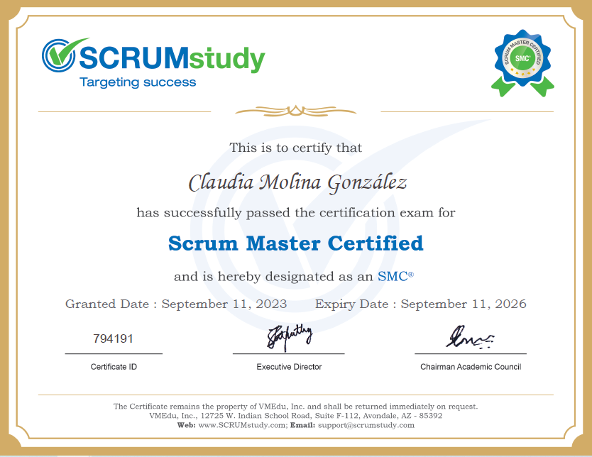 SCRUMstudy_'s tweet photo. Congratulations, Claudia Molina! 
May you have continuing successes that bring prosperity and happy things to share! 
We @SCRUMstudy_ are proud to have you as our student. 
_________________ 
#SCRUMstudy #learnscrum #scrum #certification #webinar #Management https://t.co/YJMBAF1pNA