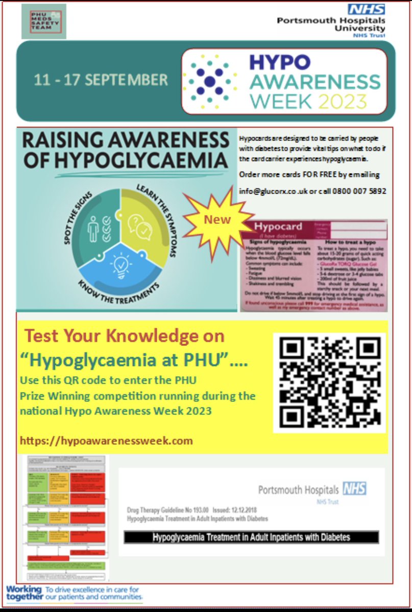 Do you know how to treat a hypoglycaemic event? Find out in the Drug Therapy Guideline “Hypoglycaemia Treatment in Adults Inpatients with Diabetes”
 
Test your knowledge of hypoglycaemia: take part in the prize winning competition open to all PHU staff during hypo awareness week.