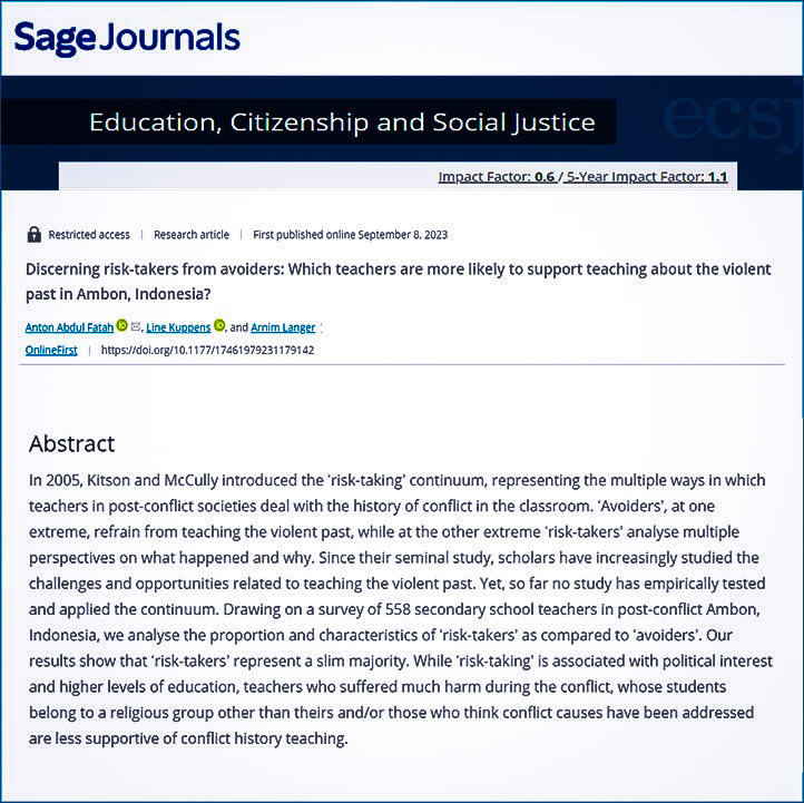 📢 Publication Alert! 📚 Our latest research in the Journal of Education, Citizenship, and Social Justice explores the fascinating world of teaching the violent past in #Ambon, #Indonesia. 🇮🇩 🧾 Read the full article here: journals.sagepub.com/doi/10.1177/17… 📖 #EducationResearch
