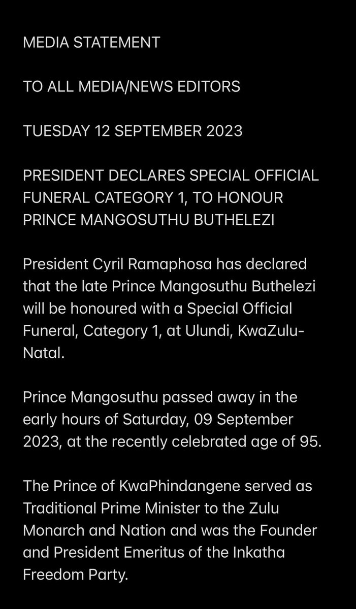 President Cyril Ramaphosa has declared that the late Prince Mangosuthu Buthelezi will be honoured with a Special Official Funeral, Category 1. Flags will be flown at half mast at flag stations around the country from Tuesday, until Friday evening. #sabcnews