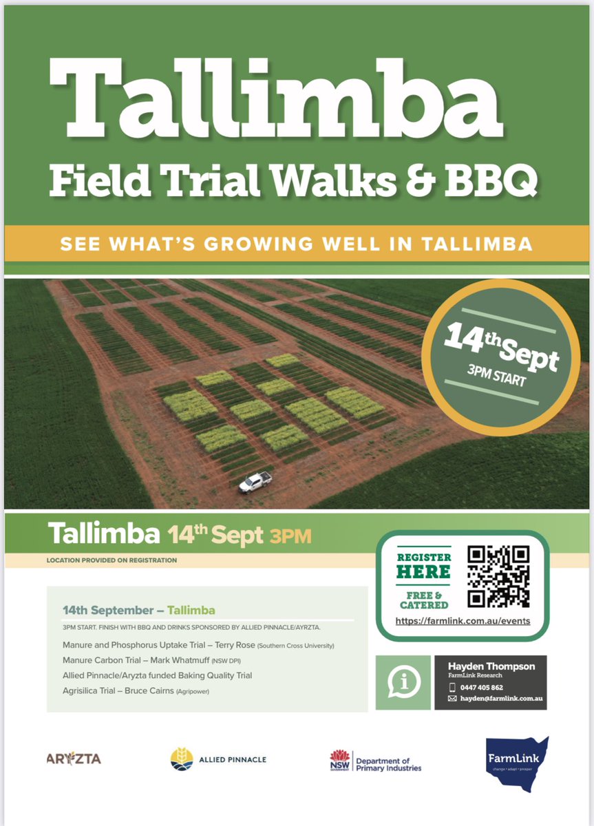 Tallimba site field day on this Thursday. 3pm start and finish with bbq/drinks. Looking at manure trials with Terry Rose and @NSWDPI_Soils, a vetch legacy trial and Agrisilica trial. Trial entrance near corner of Dunlops and Russels Lane. See you there! <a href="/Farm_Link/">FarmLink Research</a>