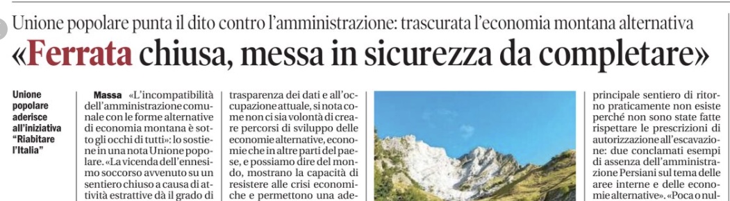 In pochi giorni il soccorso alpino delle #AlpiApuane interviene 2 volte x salvare turisti in escursione. Una attività di cava ha bloccato il sentiero di rientro dalla ferrata del monte Contrario. Abbiamo presentato una mozione x chiedere adesione a <a href="/LRiabitare/">Riabitare l’Italia</a> del comune di Massa