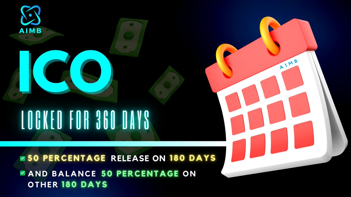 Official Announcement 📣 

ICO Locked For 360 Days 🔥 

50% Percentage of #Token #Release In 180 Days 

The remaining 50% will be released in another 180 Days. 

Be a Part of AIMB ICO- 
aimb.io 

#AIMB #ICO #Token