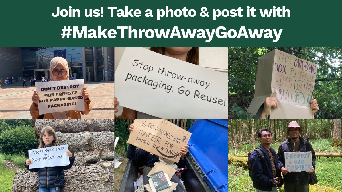 WhatsNYourPapr's tweet photo. 📢Today, people from across the #EU are sending a message to decision-makers: to protect forests, we must curb the explosion of throw-away #packaging &amp; promote reusable instead!

Join our action &amp; ask the EU to #MakeThrowAwayGoAway!
#WeChooseReuse #PPWR

Your messages below ⬇🤳 https://t.co/KZk53xCRK9