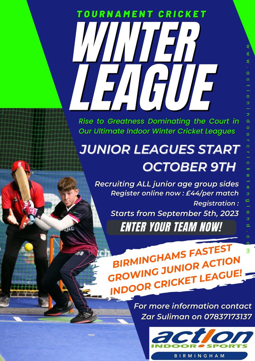 Details👇for the 2023  Junior winter cricket leagues starting soon at AIS, Erdington 🏆 Now in its 3rd year with teams from Staffs &amp; Warks taking part - get in touch for more details. <a href="/StaffsCricket/">Staffordshire Cricket</a> @warks_wcb <a href="/aldridgecc/">Aldridge CC</a> <a href="/Walmleycc/">Walmley Cricket Club</a> <a href="/Berkswell_CC/">Berkswell CC</a> <a href="/WBDCC/">West Bromwich Dartmouth Cricket Club</a> <a href="/FOSCCupdates/">Four Oaks Saints CC</a> <a href="/WalsallCC/">Walsall Cricket Club</a>