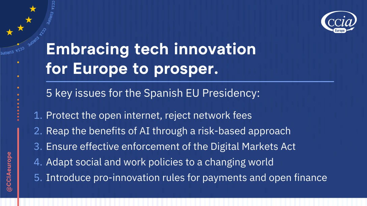 ✅ Protect the #OpenInternet, reject #NetworkFees ✅ Reap the benefits of #AI through a risk-based approach ✅ Ensure effective #DMA enforcement Discover 5️⃣ of the most pressing issues the Spanish #EU2023ES Presidency should prioritise 👉 project-disco.org/european-union…