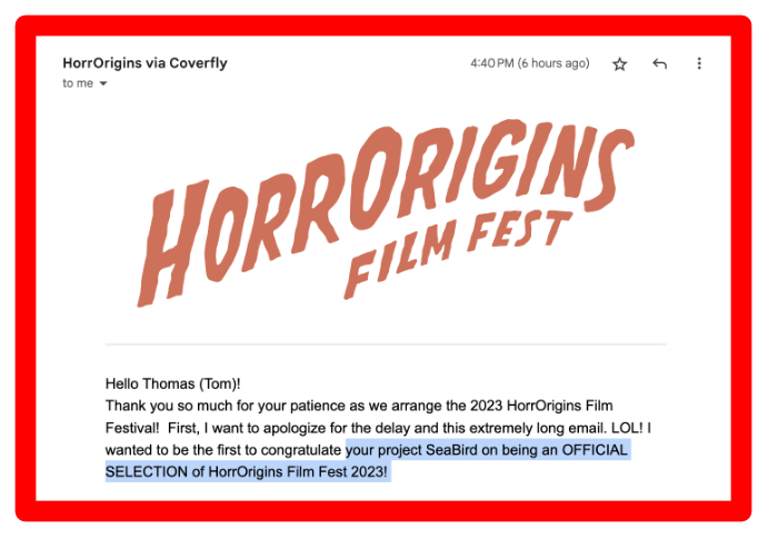 Thank you @HorrOrigins for naming my horror feature script SEABIRD an 'Official Selection' & putting it in the running for a possible Finalist slot. The streak continues! SEABIRD has placed somewhere in every contest I've submitted it to.