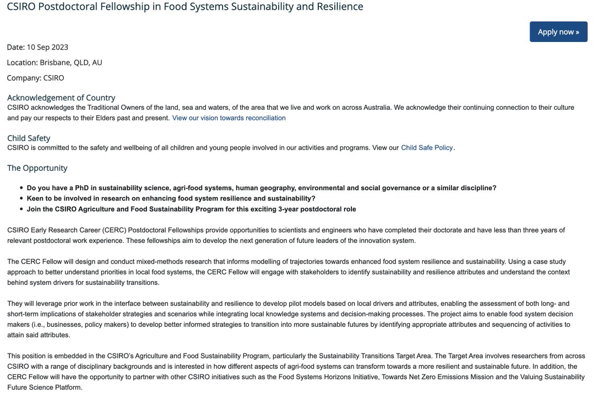 We are hiring a postdoctoral researcher at CSIRO with a focus on food system transitions framed by resilience and sustainability frameworks and using participatory systems modelling approaches. If you know a good candidate, please share the position jobs.csiro.au/job/Brisbane%2…