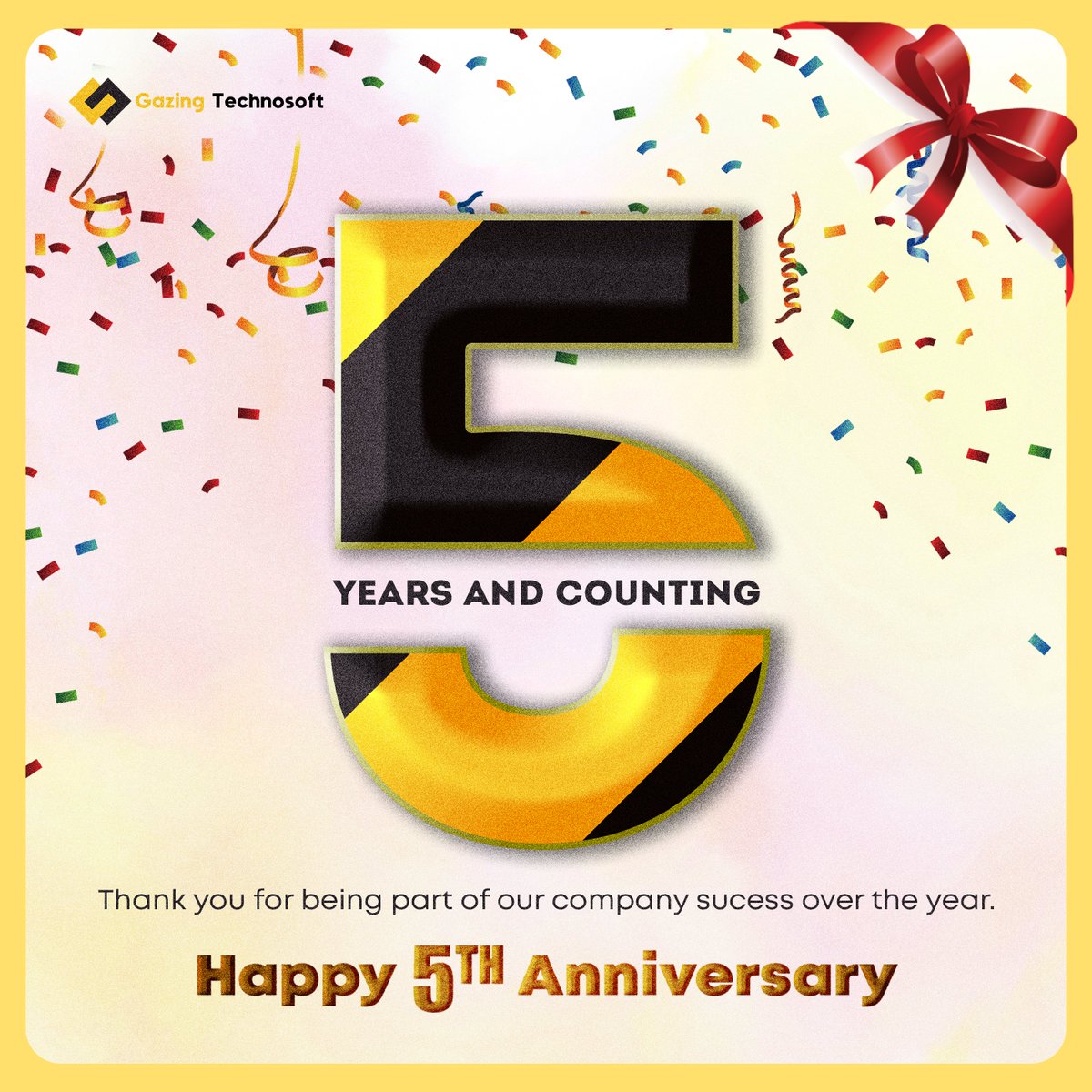 Celebrating 5 years of innovation, dedication, and growth with Gazing Technosoft Pvt. Ltd. 🚀✨ Here's to many more milestones ahead! 🎈🎂 #GazingTechAnniversary #5YearsStrong #InnovationJourney 🎊👏📈