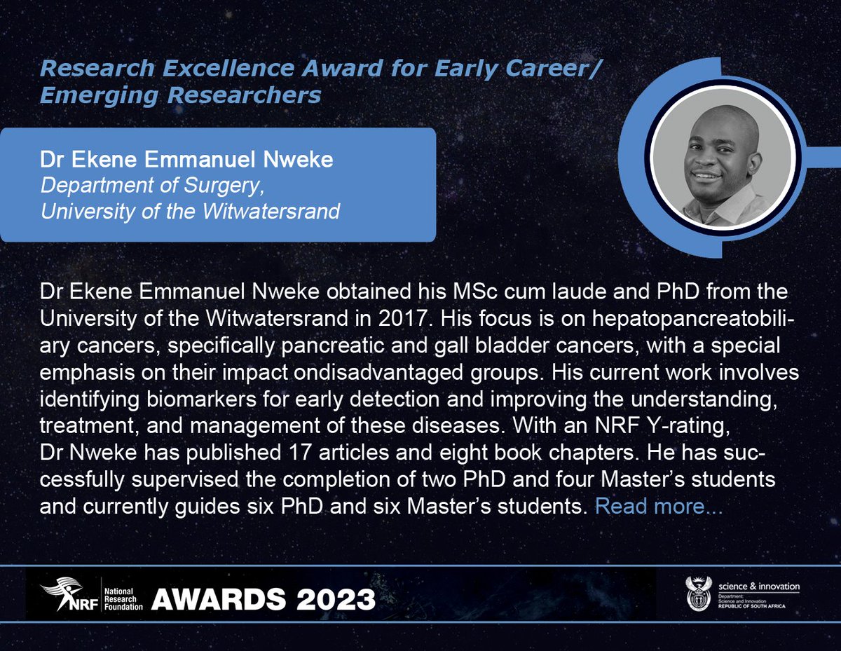 Congrats to Dr Ekene Emmanuel Nweke on receiving a 2023 NRF Research Excellence Award for Early Career/Emerging Researchers in recognition of outstanding research performance by an NRF grantholder. Full profile: nrf.ac.za/about-us/nrf-a…

#NRFawards2023