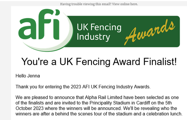 AlphaRailLtd's tweet photo. We are proud to announce we have been selected as finalists for the AFI Fencing Awards! See you all at the Principality Stadium, Cardiff on the 5th of October! 😄😍 https://t.co/T7W9iODONo