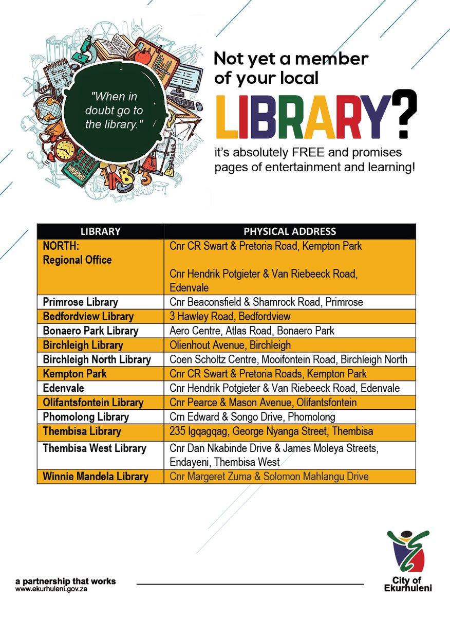 City_Ekurhuleni's tweet photo. Sign up for membership at our #CoeLibraries today and let the magic of reading transform your world. #LiteracyMonth https://t.co/4ToTi2GyU3