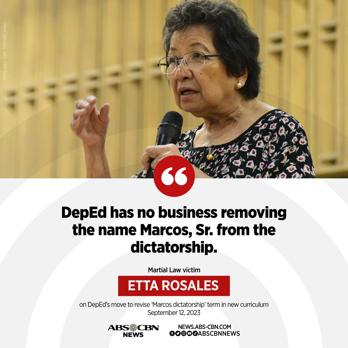 ABSCBNNews's tweet photo. Martial Law victim Etta Rosales calls out DepEd for proposing to revise the term 'Marcos dictatorship' in the new curriculum.

READ: https://t.co/bFt8Nevlo2 https://t.co/RzQrfjVErf