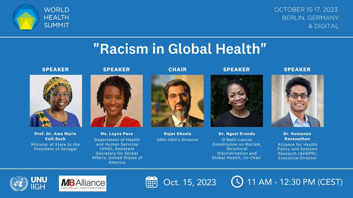 UNU International Institute for Global Health (@unu_iigh) on Twitter photo 📢Meet the Panellists
👉Join <a href="/AwaMCollSeck/">Awa Marie Coll Seck</a>, <a href="/HHS_ASGA/">Assistant Secretary Loyce Pace</a>, <a href="/udnore/">Ngozi</a> and <a href="/rasanathan/">Kumanan Rasanathan</a> for a discussion on “Racism in #GlobalHealth” at <a href="/WorldHealthSmt/">World Health Summit</a>.
UNU-IIGH’s Director <a href="/khosla_rajat/">Rajat Khosla</a> will be the chair of this session.
Register 🔗: go.unu.edu/LzrO0
#WHS2023 📢Meet the Panellists
👉Join <a href="/AwaMCollSeck/">Awa Marie Coll Seck</a>, <a href="/HHS_ASGA/">Assistant Secretary Loyce Pace</a>, <a href="/udnore/">Ngozi</a> and <a href="/rasanathan/">Kumanan Rasanathan</a> for a discussion on “Racism in #GlobalHealth” at <a href="/WorldHealthSmt/">World Health Summit</a>.
UNU-IIGH’s Director <a href="/khosla_rajat/">Rajat Khosla</a> will be the chair of this session.
Register 🔗: go.unu.edu/LzrO0
#WHS2023