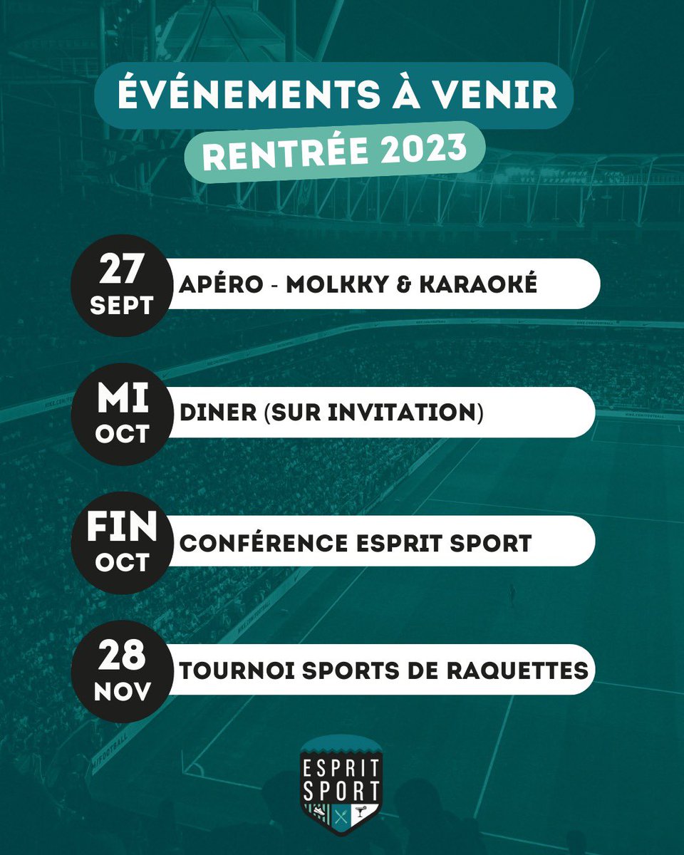 Hello tout le monde, 

Avec toute la team Esprit Sport, on vous a concocté un programme de feu pour les prochains mois 🔥⬇️

Tu fais déjà partie de la communauté #EspritSport ?
➡️ normalement, tu as reçu l’ensemble des infos par email et/ou via le groupe what’s app