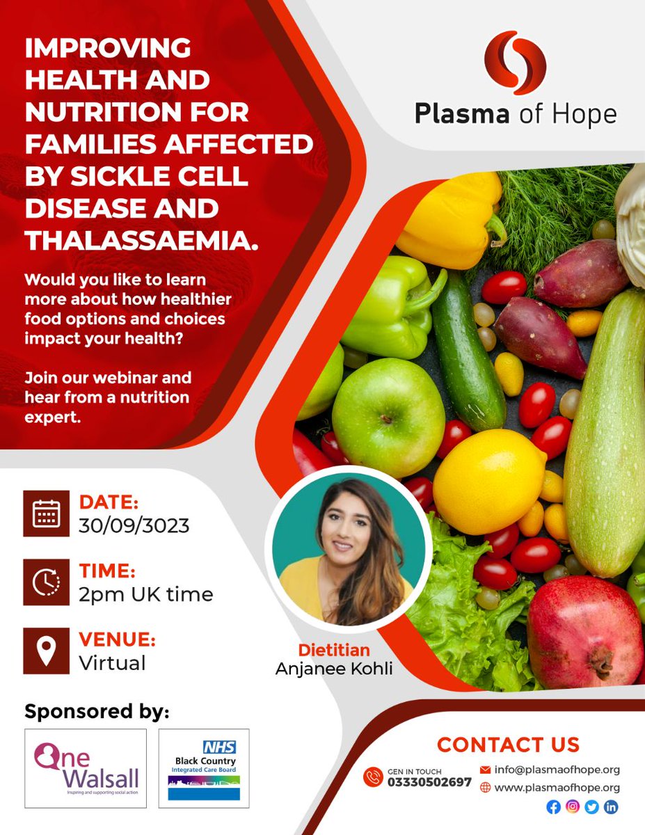 🔺️September is #SickleCell Awareness Month 🔺️

Join me for this FREE webinar talking about Nutrition &amp; SCD/ Thalassemia hosted by
<a href="/PlasmaofHope/">Plasma of Hope</a> 
<a href="/BDA_Dietitians/">British Dietetic Association</a>

Contact @plasmaofhope using details on the poster below if you'd like to attend! ⬇️